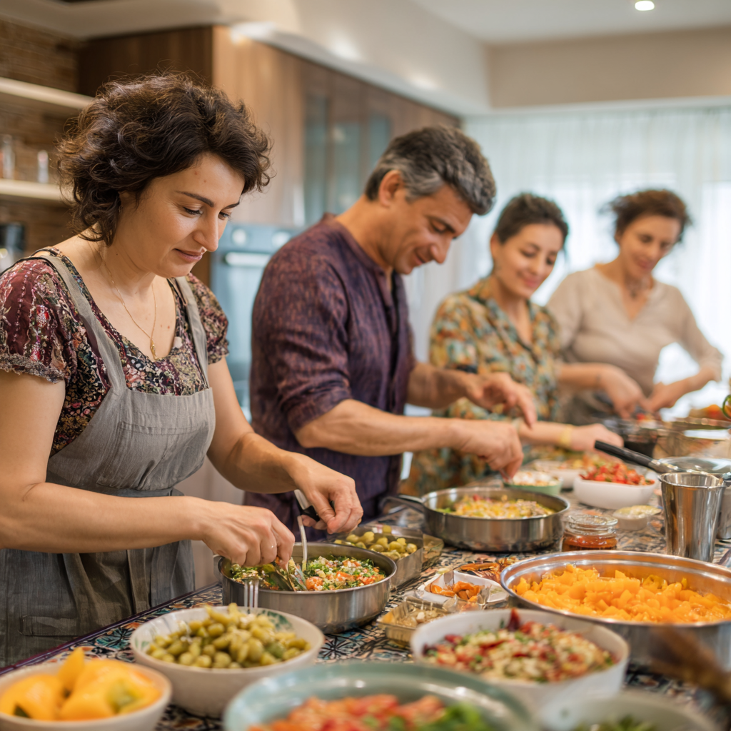Sog'lom ovqatlanish uchun tayyorlangan rangli mevalar va sabzavotlar bilan to'ldirilgan idishlar yonida kulayotgan o'rta yoshli o'zbek ayol