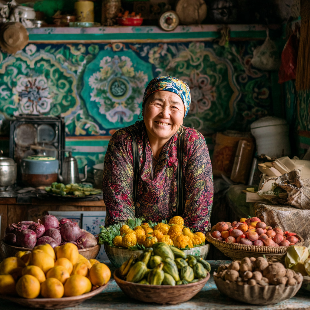 Domlada oilaviy dasturxon atrofida yig'ilib, milliy taomlardan foydalanayotgan turli yoshdagi o'zbek odamlar